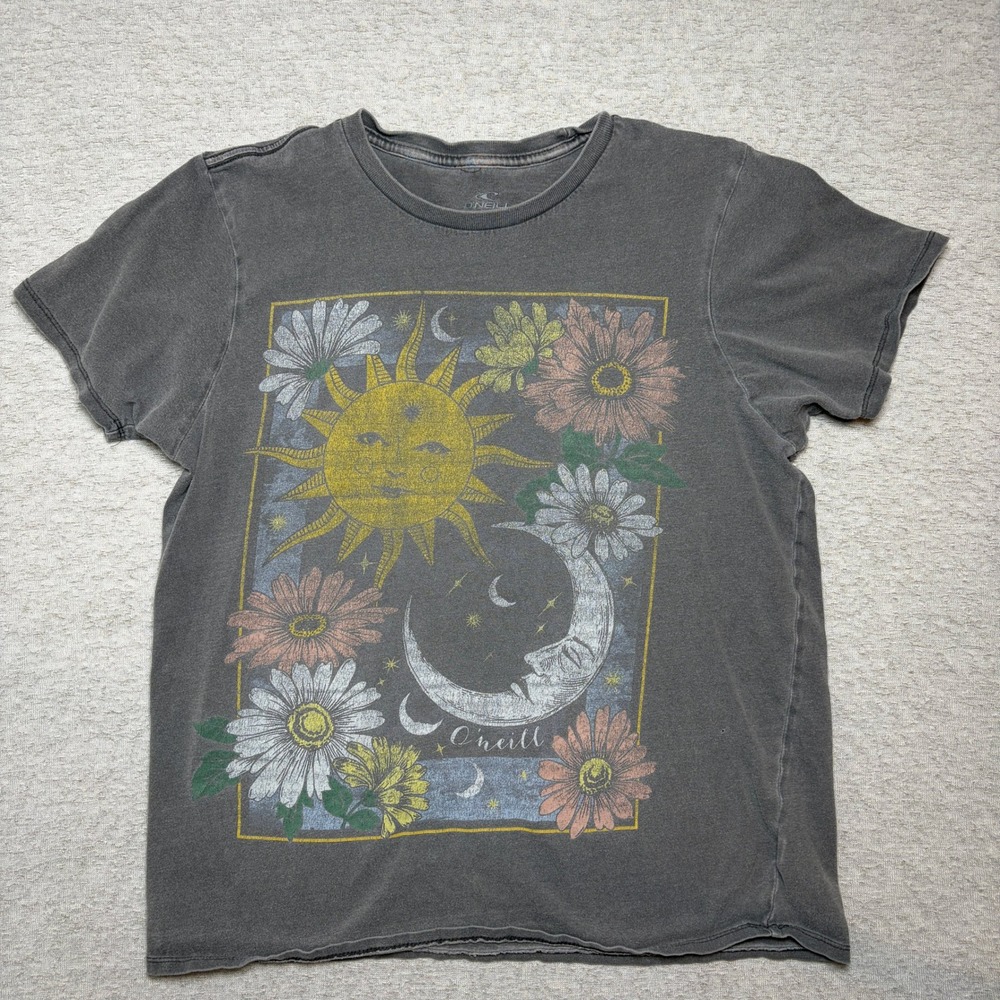 O'Neill Womens T-Shirt XS Gray Sun Moon Floral Celestial Boho Graphic Tee Cotton
